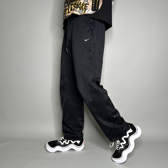 Nike Sweatpants Jet Black Polyester White Swoosh Dri Fit - Picture 1 of 4